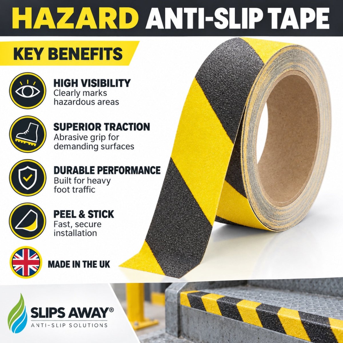 Hazard Warning Yellow Black Anti Slip Tape Roll Standard Grade 25mm -584mm x 18.3m - Slips Away - Anti slip tape - SA050, -