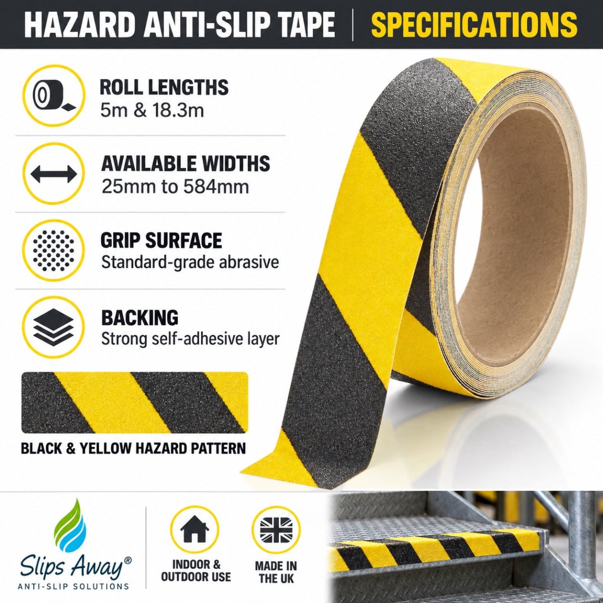 Hazard Warning Yellow Black Anti Slip Tape Roll Standard Grade 25mm -584mm x 18.3m - Slips Away - Anti slip tape - SA050, -