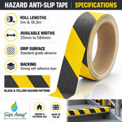 Hazard Warning Yellow Black Anti Slip Tape Roll Standard Grade 25mm -584mm x 18.3m - Slips Away - Anti slip tape - SA050, -
