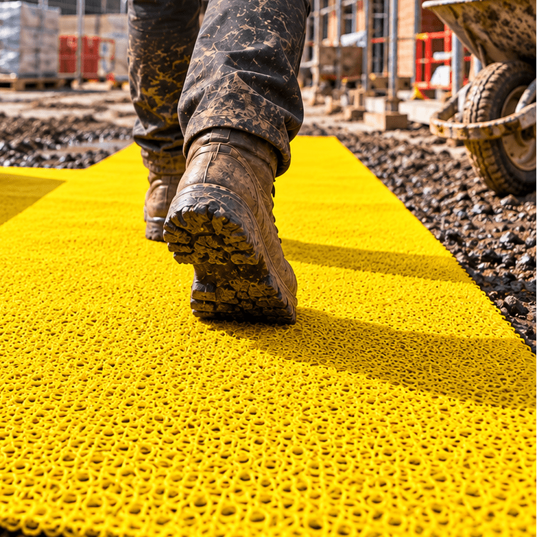 A construction worker in a high-visibility vest walks over a bright yellow textured mat laid out on a muddy construction site, with a rolled-up section and construction equipment in the background.