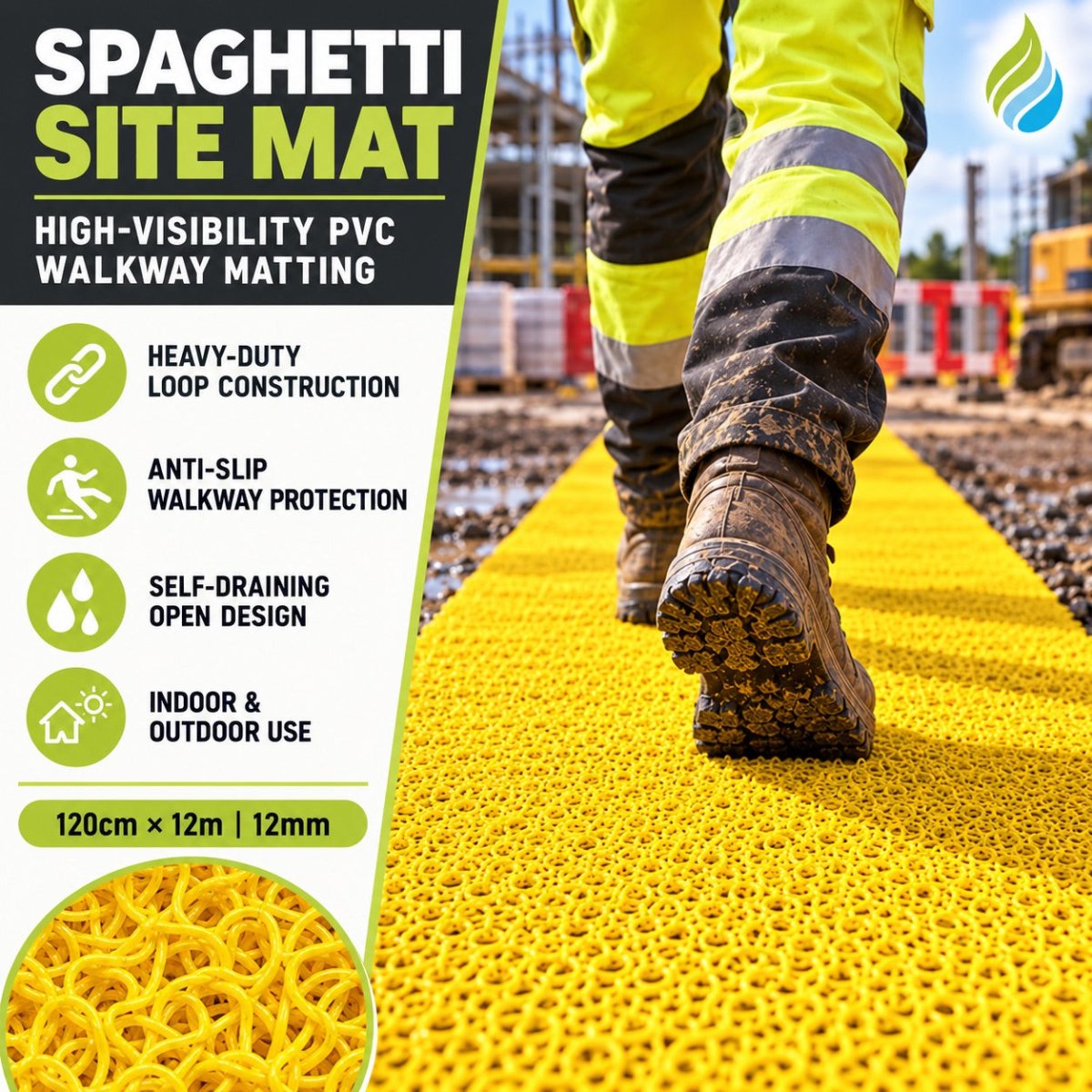 Heavy-Duty Spaghetti Loop Walkway Matting – Anti-Slip, Self-Draining PVC Safety Mat – 1.2m x 12m - Slips Away - TC440GN -