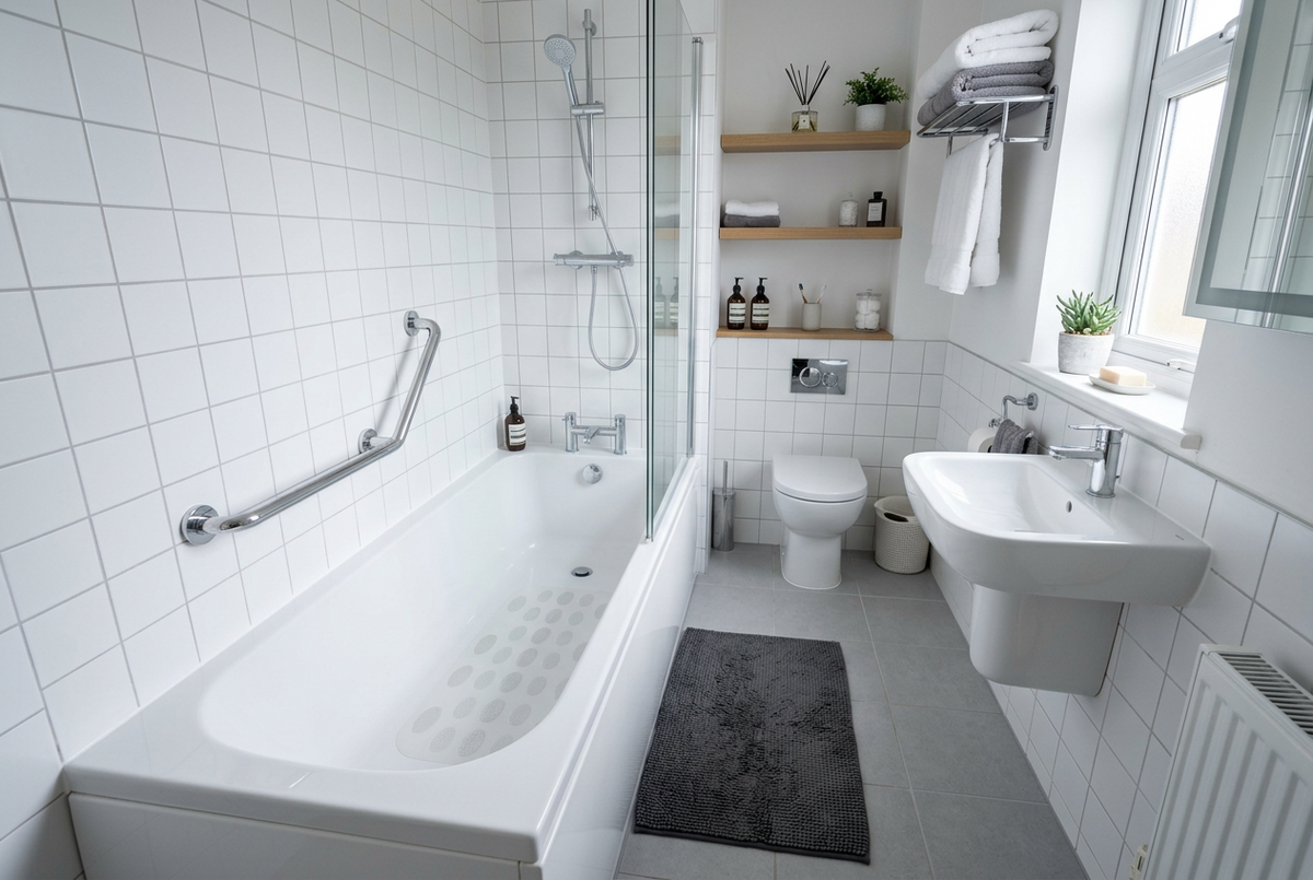A bright, modern bathroom featuring a white bathtub with a glass shower screen, white wall tiles, a white wall-mounted sink, a toilet, and a dark gray bath mat.