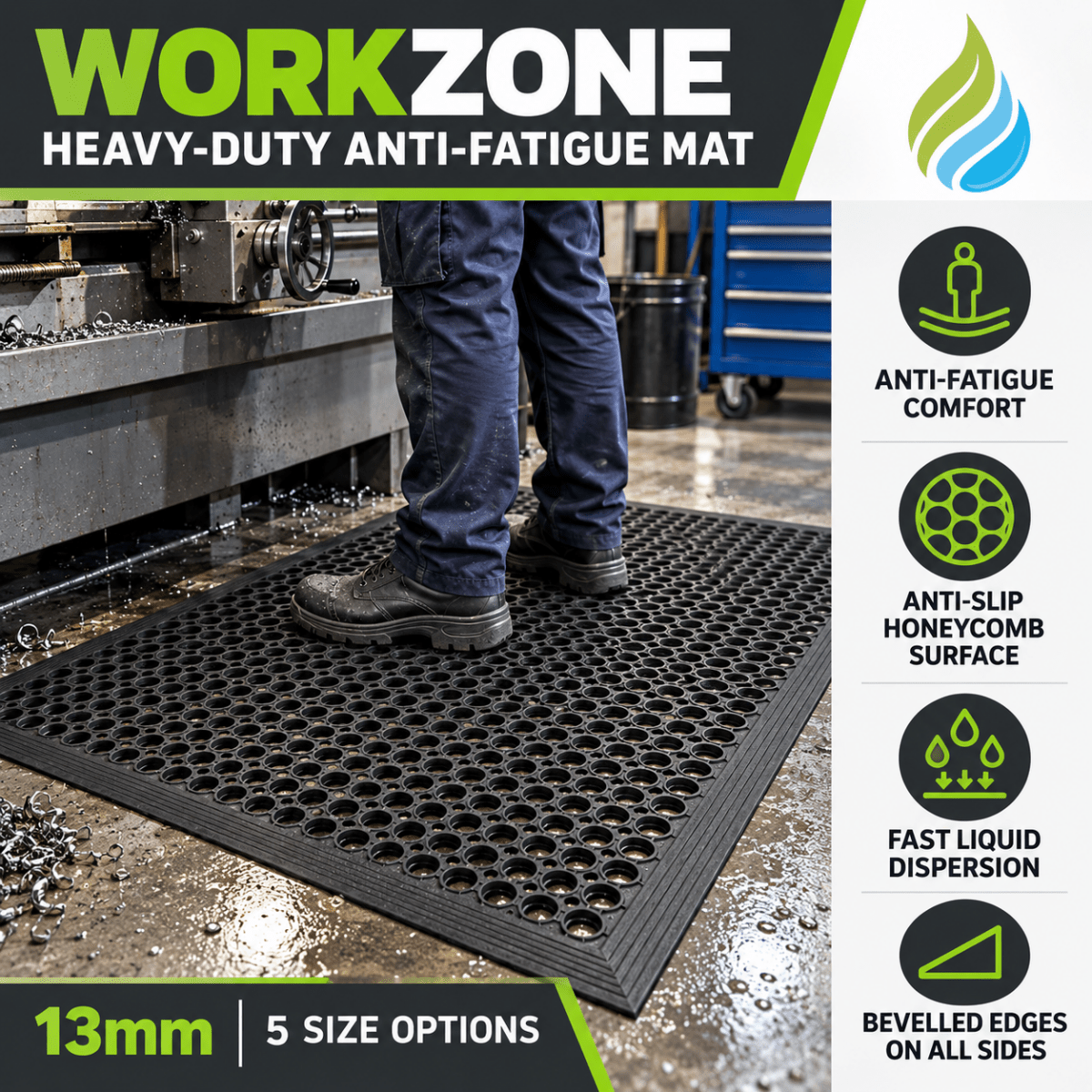 Honeycomb Heavy Duty Anti-Fatigue Mat – Anti-Slip Rubber Drainage Mat for Workshops, Factories & Industrial Floors - Slips Away - WZ2436BL -