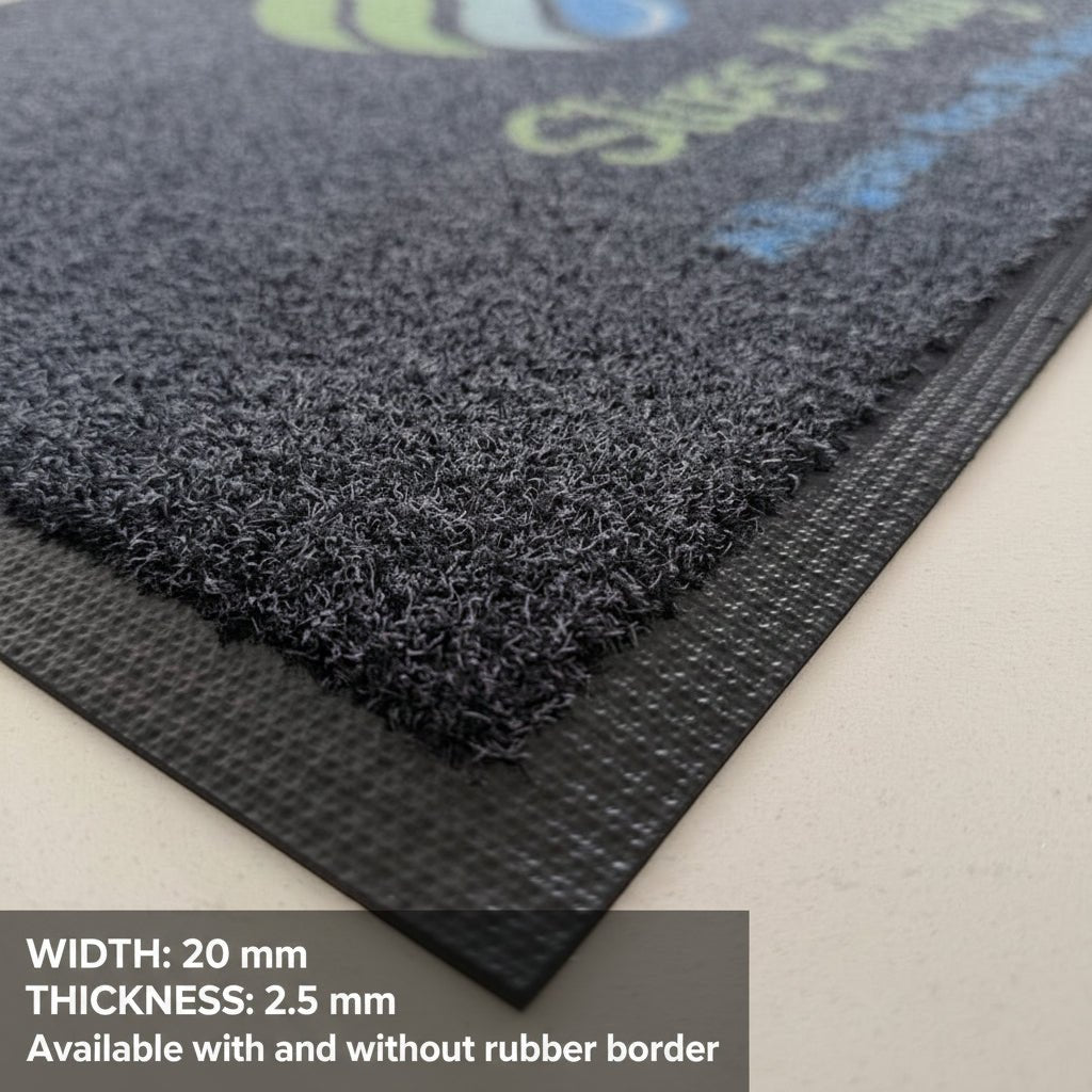 Close-up of a textured personlised custom black mat with a rubber boarder on a light surface