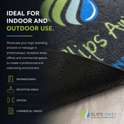 Black mat with branding text and graphics, ideal for indoor and outdoor use.
