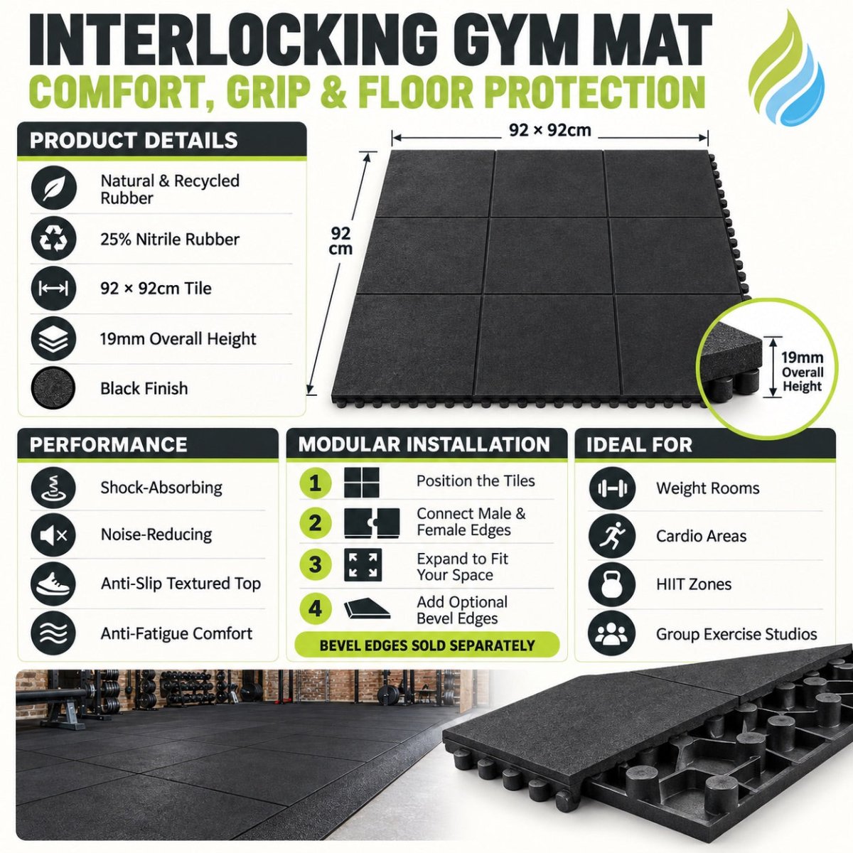 Interlocking Gym Mat - Long Lasting Durability, Comfort Cushioning & Strong Protection - Slips Away -  -