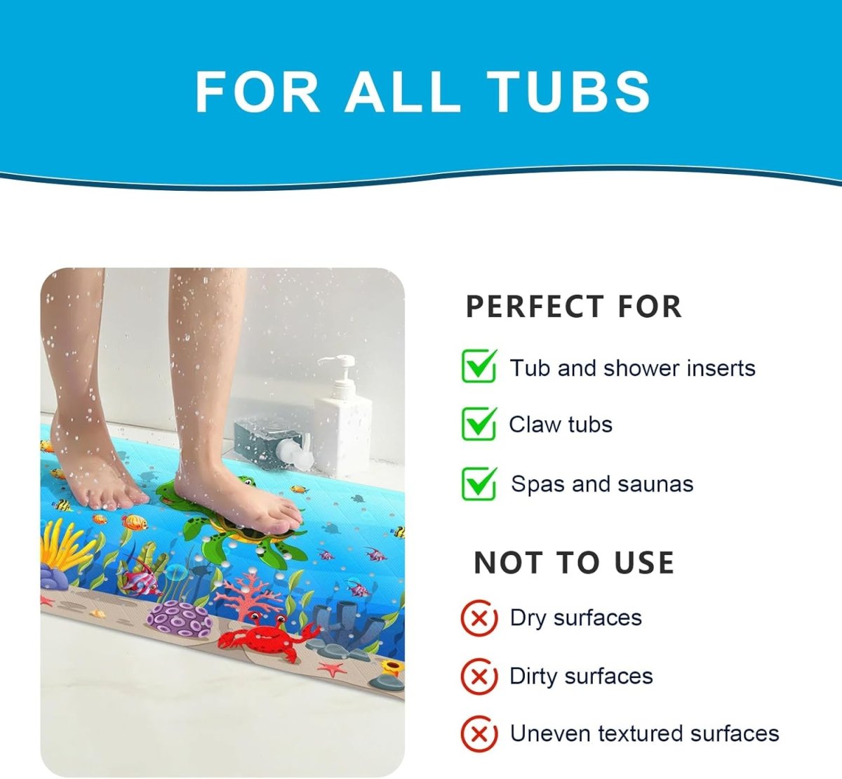 Kids Bath Mat Non Slip 100X40Cm Extra Large with Suction Cups & Drain Holes, Machine Washable - Slips Away - B0B6W7N1K8 - 