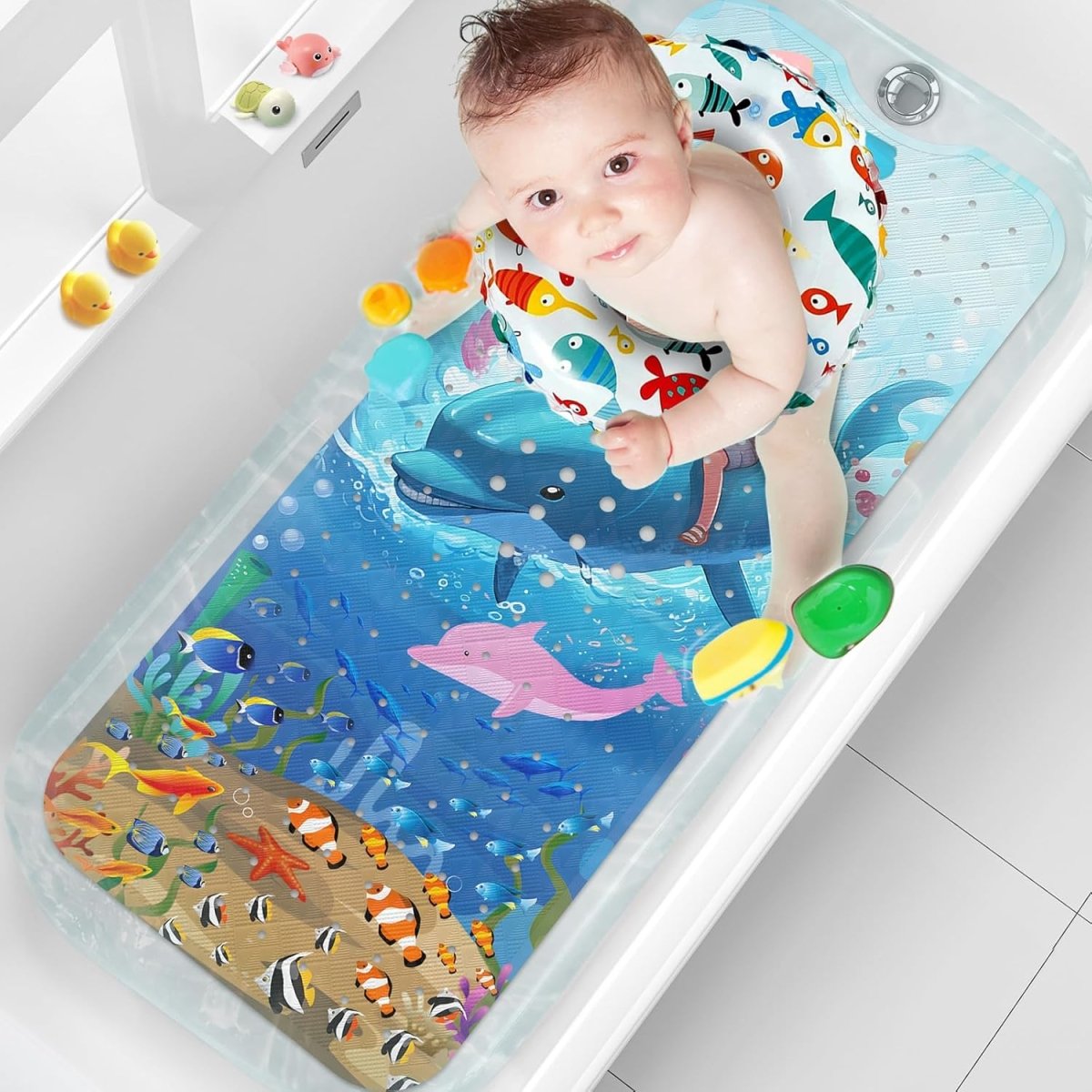 Kids Bath Mat Non Slip 100X40Cm Extra Large with Suction Cups & Drain Holes, Machine Washable - Slips Away - B0CQL1SYW4 - 