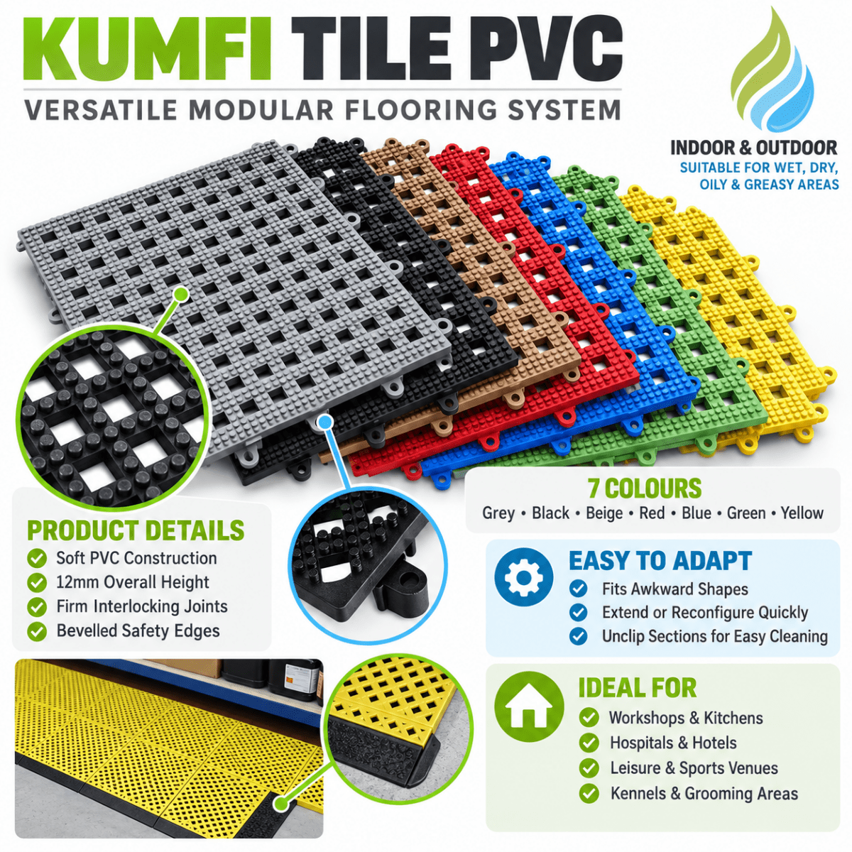Kumfi Tile PVC Interlocking Anti-Slip & Anti-Fatigue Drainage Matting – Indoor & Outdoor - Slips Away - KT1212BL -