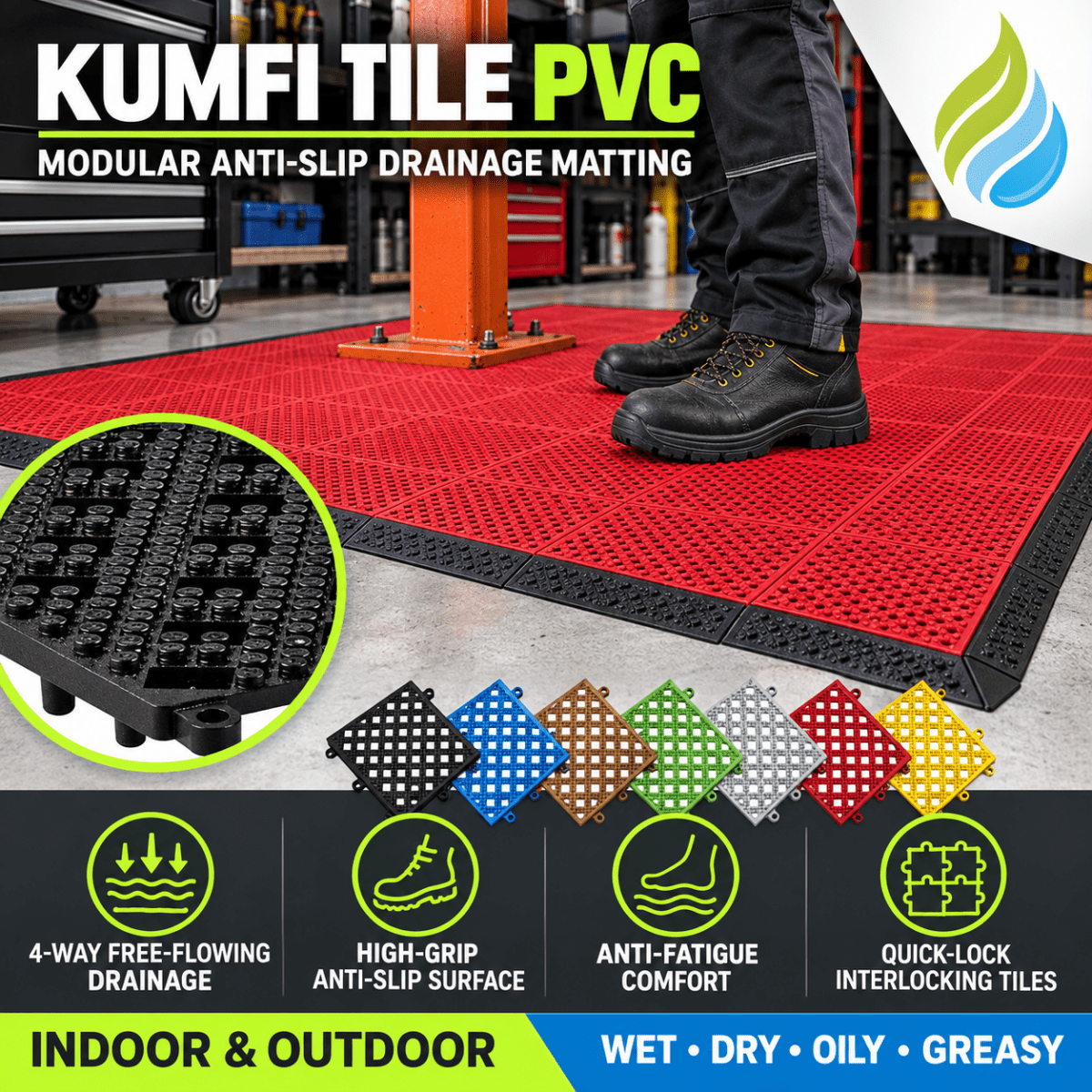 Kumfi Tile PVC Interlocking Anti-Slip & Anti-Fatigue Drainage Matting – Indoor & Outdoor - Slips Away - KT1212BL -