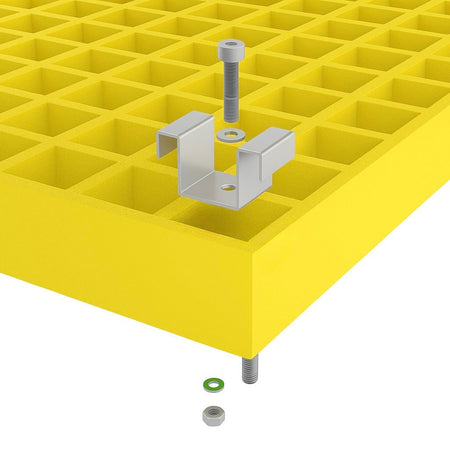 3D diagram showing how to install an M Clip onto GRP grating, with exploded view of the stainless steel bolt, washer, M Clip, and nut aligning through the mesh panel for secure fixing.”