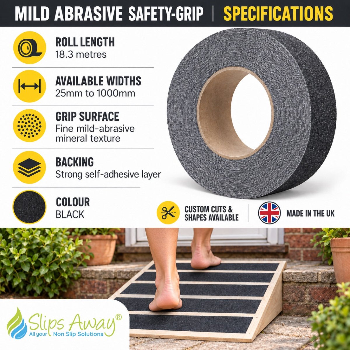 Mild Abrasive Safety-Grip Anti Slip Tape That Require a Milder Less Harsh Grip - Slips Away - Anti slip tape - H3432N 25MM X 18.3M -