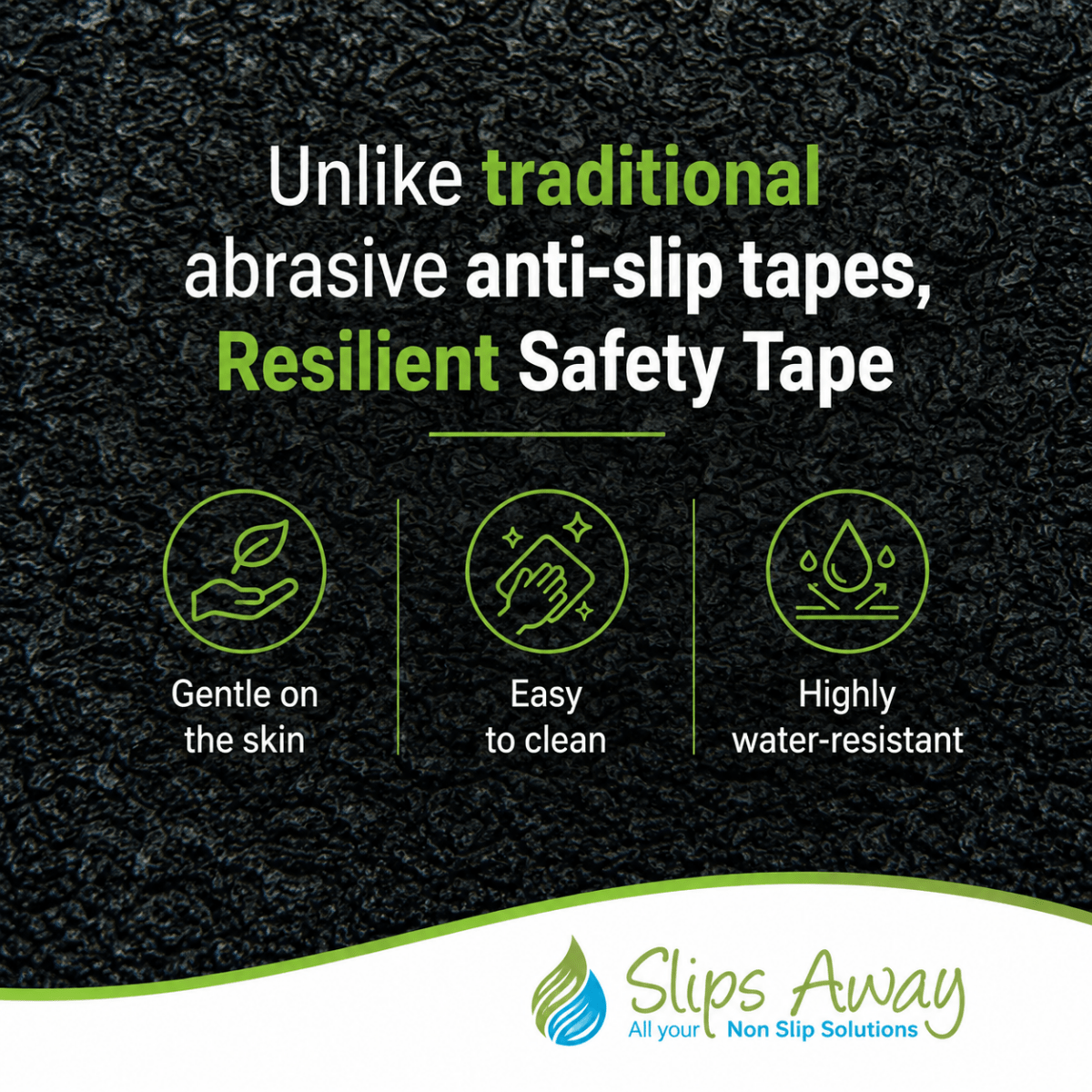 Non Abrasive Resilient Soft Touch Textured "Rubber Feel" Anti - Slip Tape - Slips Away - Anti slip tape - H3408N-Black-Resilient-25mm - 