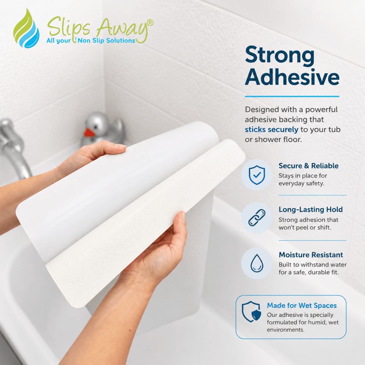 Non Slip Adhesive Bath Mat - Ultra Thin - Anti Skid Textured Vinyl 16”x34” - Slips Away - bath mat stickers - SA077. -