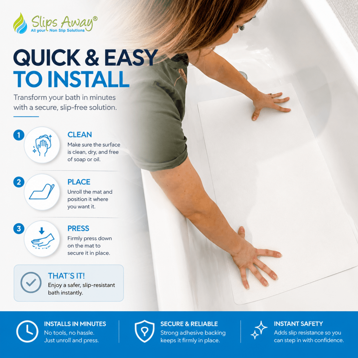 Non Slip Adhesive Bath Mat - Ultra Thin - Anti Skid Textured Vinyl 16”x34” - Slips Away - bath mat stickers - SA077. -