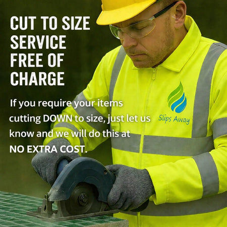 Image showing a worker cutting GRP panels and nosing strips to exact size at no extra cost using a circular saw 