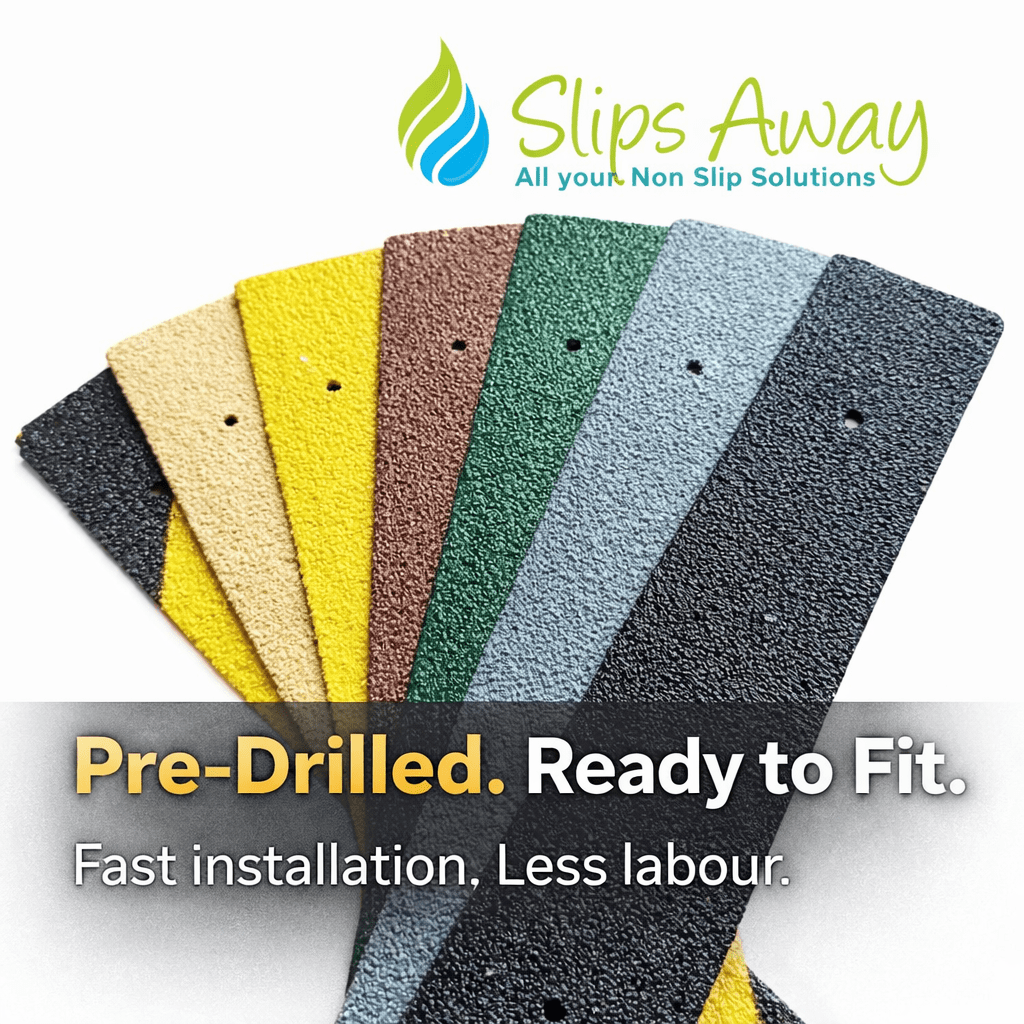 Color swatch of non-slip flooring with 'Slips Away' branding and text about product features.