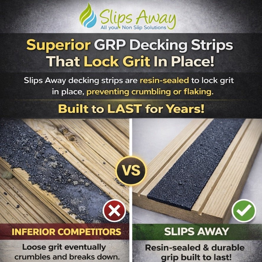 Slips Away GRP decking strips with before and after comparison