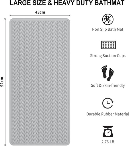 Non-slip rubber bath mat for inside bath, 43x92 cm, machine washable with strong suction cups.