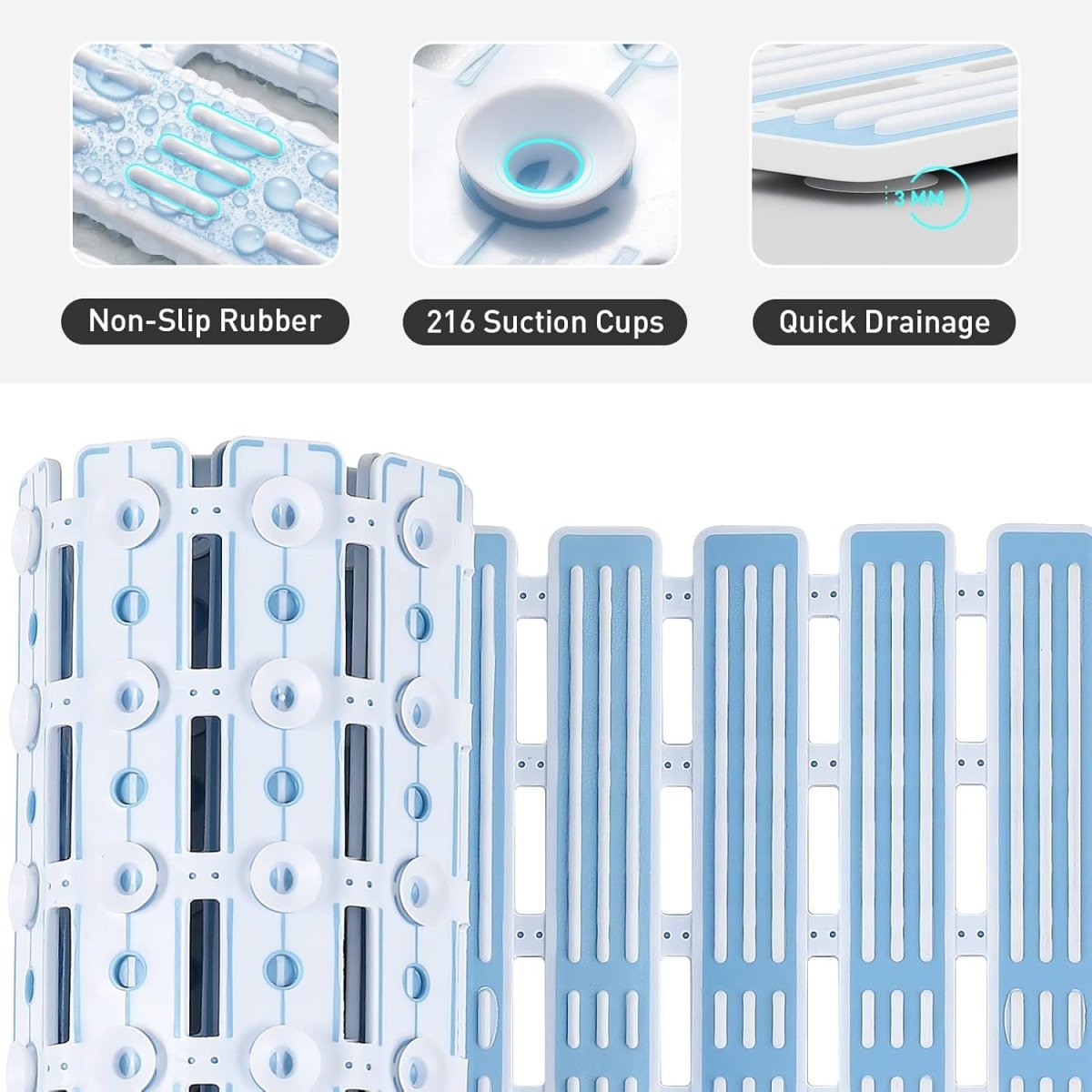 Non-slip shower mat, 90x40cm, anti-mould, extra long, with suction cups. Suitable for showers and bathtubs - CUT TO SIZE