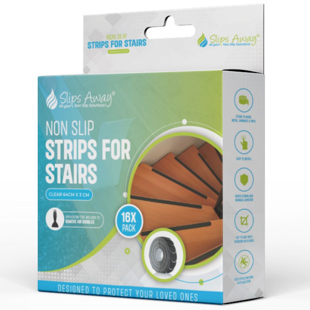 ALT Text: “16-pack of Black, anti-slip stair treads designed for enhanced safety on stairs and smooth surfaces. Provides grip while maintaining a seamless, low-profile appearance.”