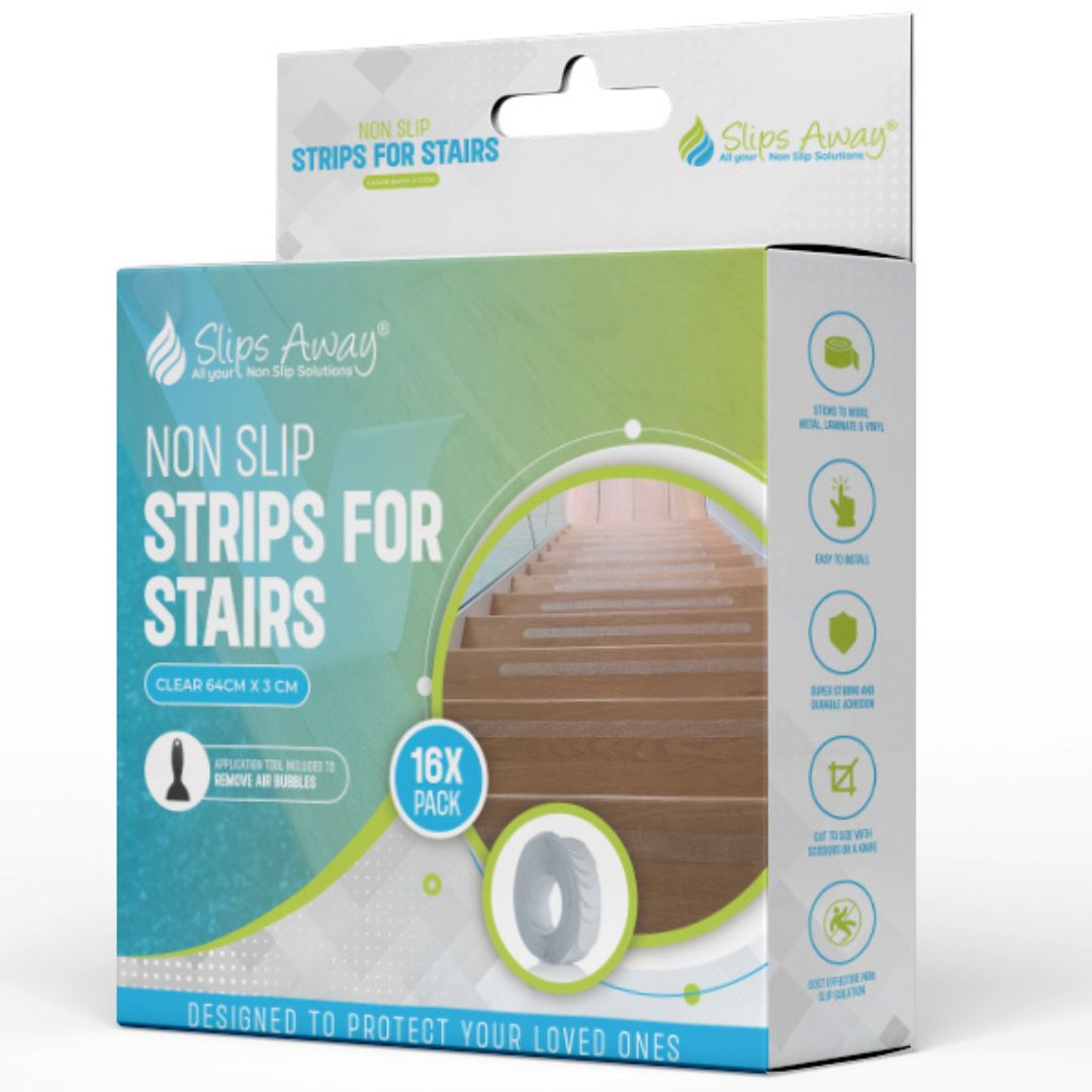 16-pack of clear, discreet anti-slip stair treads designed for enhanced safety on stairs and smooth surfaces. Provides grip while maintaining a seamless, low-profile appearance.