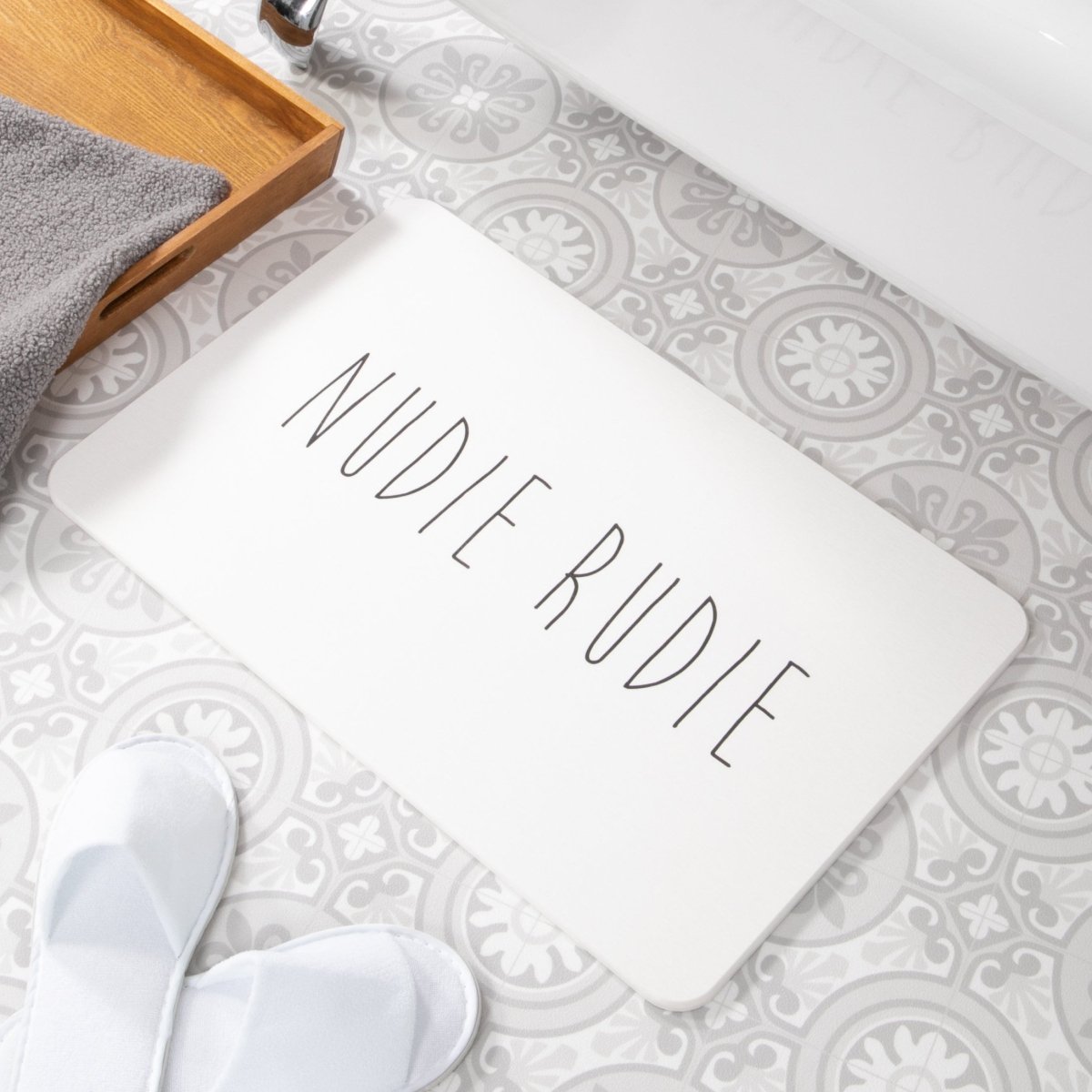 Nudie Rudie Bath Mat - Funny Bathroom - Bathroom Decor - Quirky Home Decor - Cheeky Decor - Bathroom Humor - White Stone Non Slip Bath Mat - Slips Away - 1330577408 -