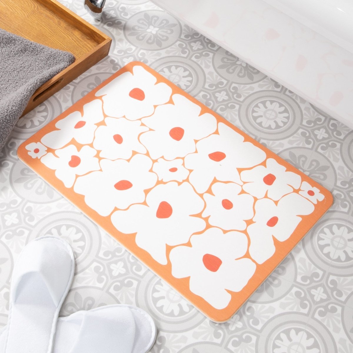 Orange Flowers Bathmat - Floral Shower Mat - Floral Bathroom Decor - Flower Shower Decor - Orange Bath Mat - White Stone Non Slip Bath Mat - Slips Away - 1344555039 -