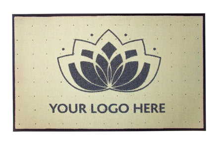 Customised logo mat with drainage holes for outdoor use with lotus flower design and customisable text area on a beige background
