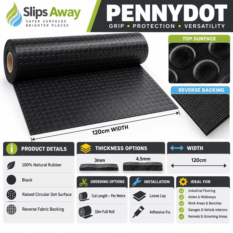 PennyDot Rubber Matting:Heavy-Duty Surface ProtectionThicknesses 3mm or 4,5mm Bespoke Linear Metre Cut - Slips Away - PD3122C -