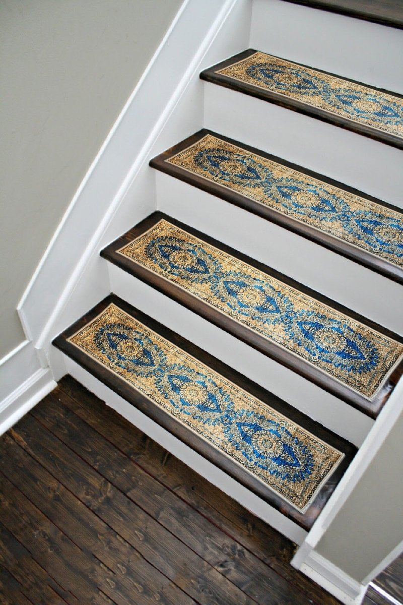 Persian Blue Stair Treads Rug, Stair Carpet, Aesthetic Stair Runner, Ultra Thin Stair Mat, Modern Step Pad, Non-Slip Rug, Washable Carpet - Slips Away - 1679578329_4305533603 -