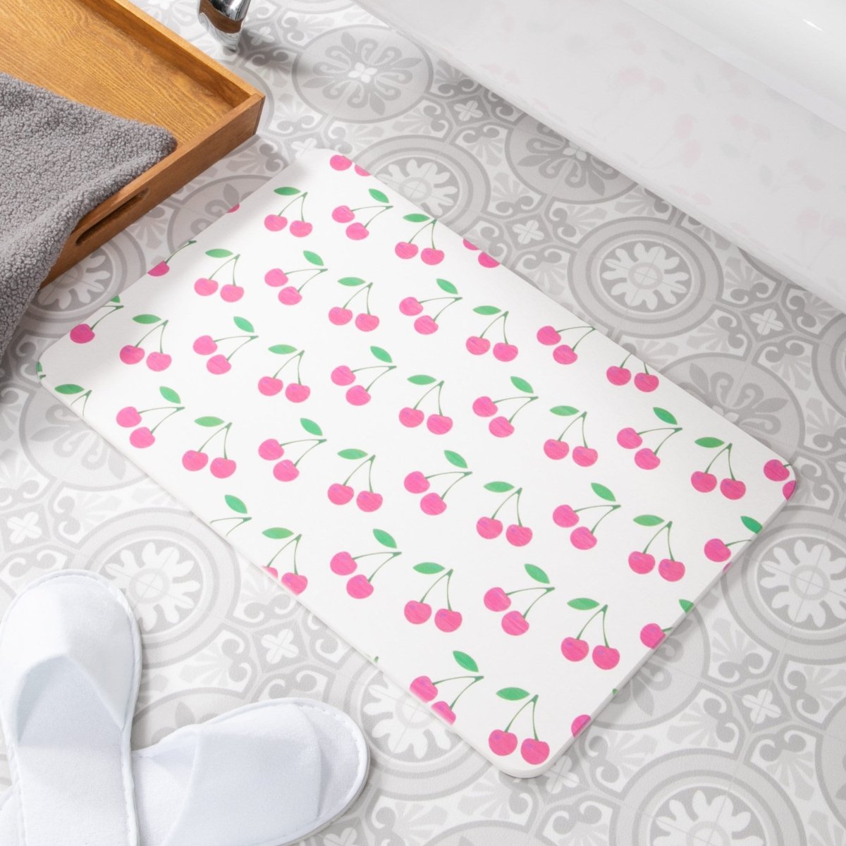 Pink Cherries Bathmat - Cherry Blossom Bath Mat - Cute Bath Mat - Cherries Gift Bathroom Decor - Cherry Lover Gift - Stone Non Slip Bath Mat - Slips Away - 1344556347 -