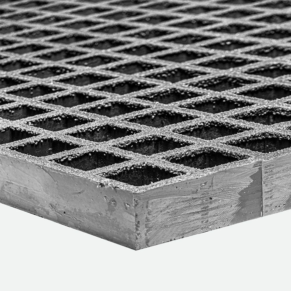 Close up of Grey GRP mesh grating with diamond pattern on a white background