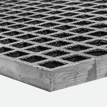 Close up of Grey GRP mesh grating with diamond pattern on a white background