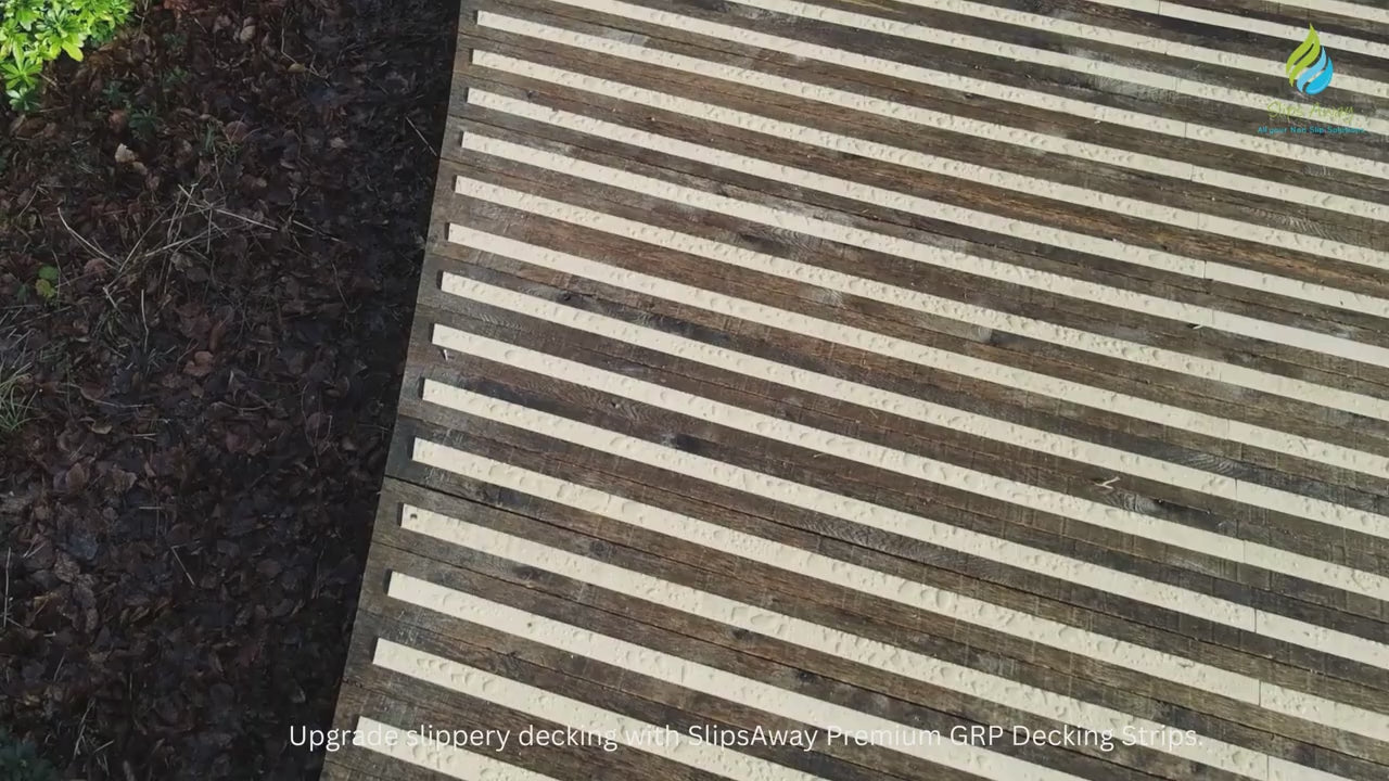 Product overview of Slips Away GRP anti-slip strips showing available colours, grit options, thicknesses from 2mm to 6mm, UK manufacturing, fire-resistant properties and suitable applications for decking, stairs, ramps and walkways.