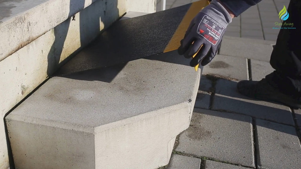     GRP anti-slip stair tread cover installation video showing surface preparation, fitting process, and the finished non-slip stair for improved safety.