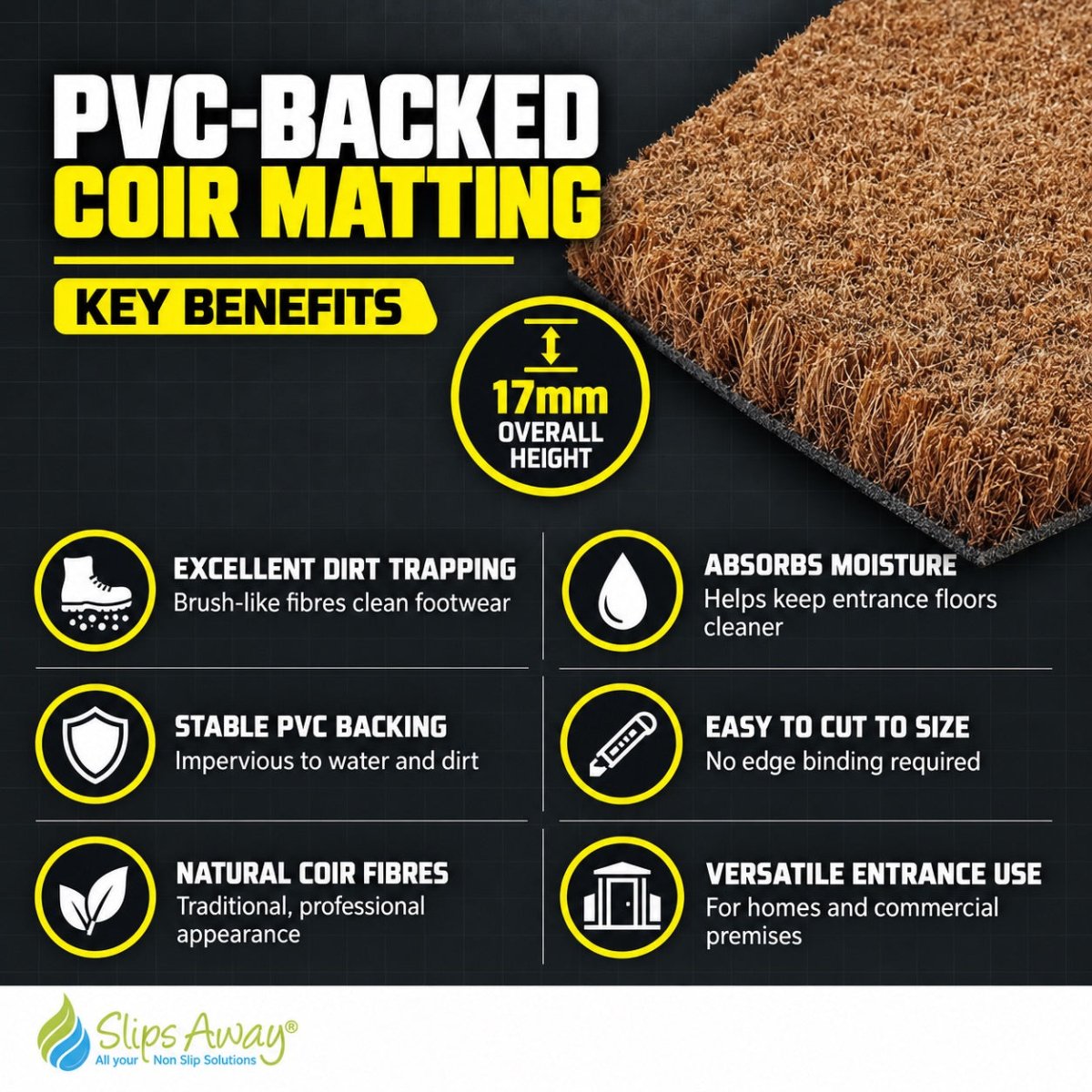PVC Backed Coir Matting – Weather-Resistant Natural Coir Entrance Mat - Slips Away - CO1701 sample -
