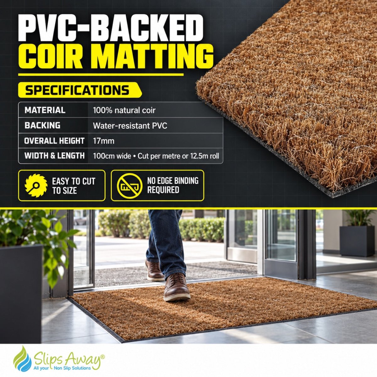 PVC Backed Coir Matting – Weather-Resistant Natural Coir Entrance Mat - Slips Away - CO1701 sample -