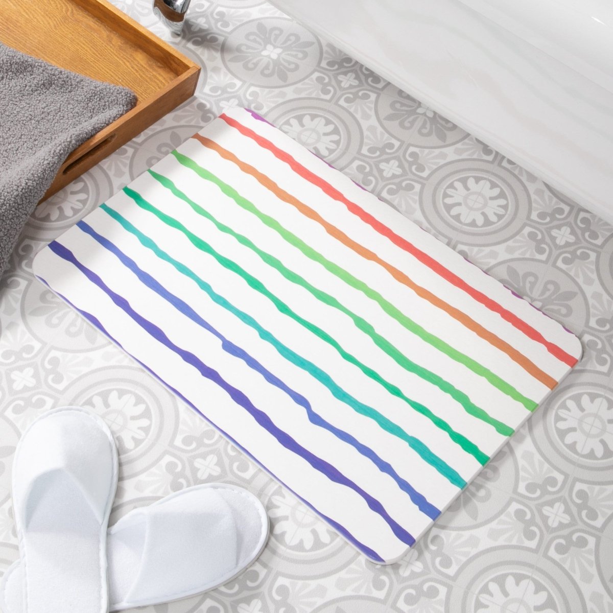 Rainbow Lines Bathmat - White Stone Non Slip Bath Mat - Rainbow Shower Mat - Abstract Retro Rainbow Mat - Bohemian Bath Mat - 39 X 60Cm - Slips Away - 1344550507 -