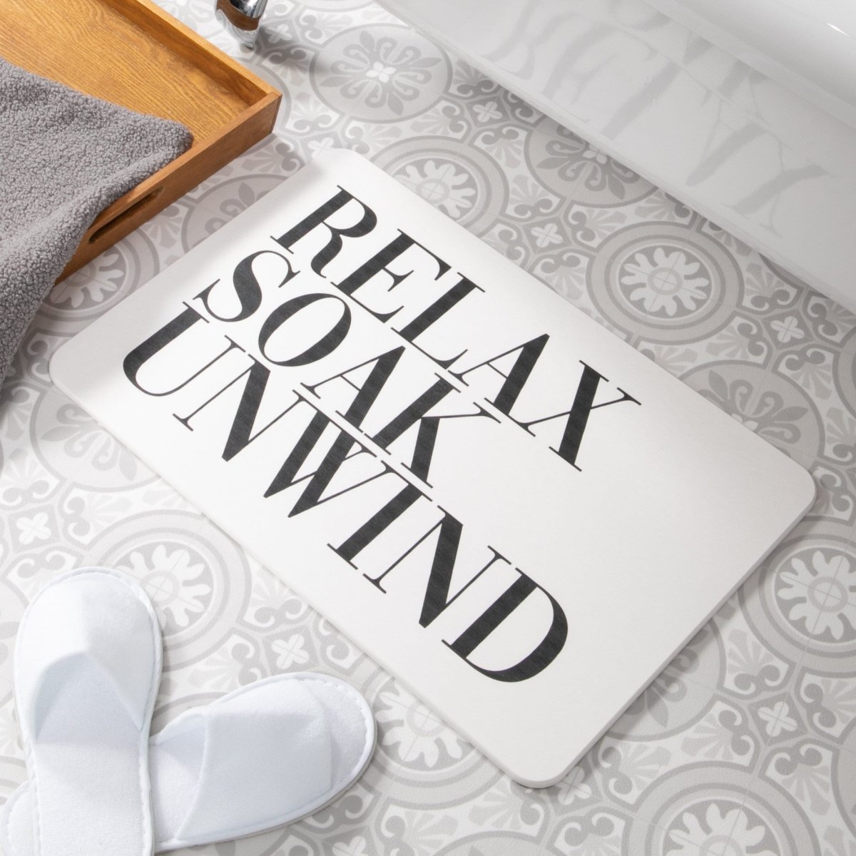 Relax Soak Unwind Bathmat - White Stone Non Slip Mat - Bathroom Decor - Funny Bathroom Decor - Funny Bath Mat - 100% Natural Eco-Friendly - Slips Away - 1330583606 -