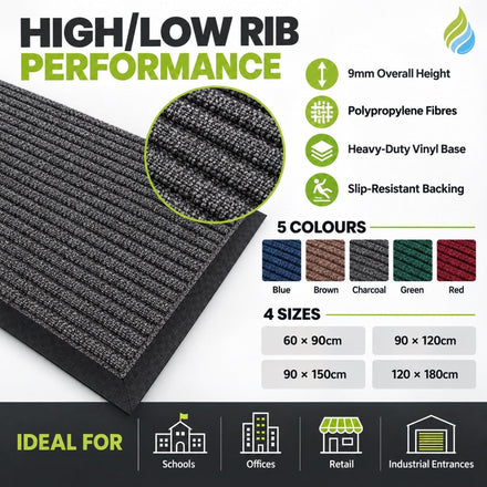 Ribbed Heavy-Duty Entrance Mat – High/Low Dirt & Moisture Scraper Mat with Anti-Slip Backing - Slips Away -  -