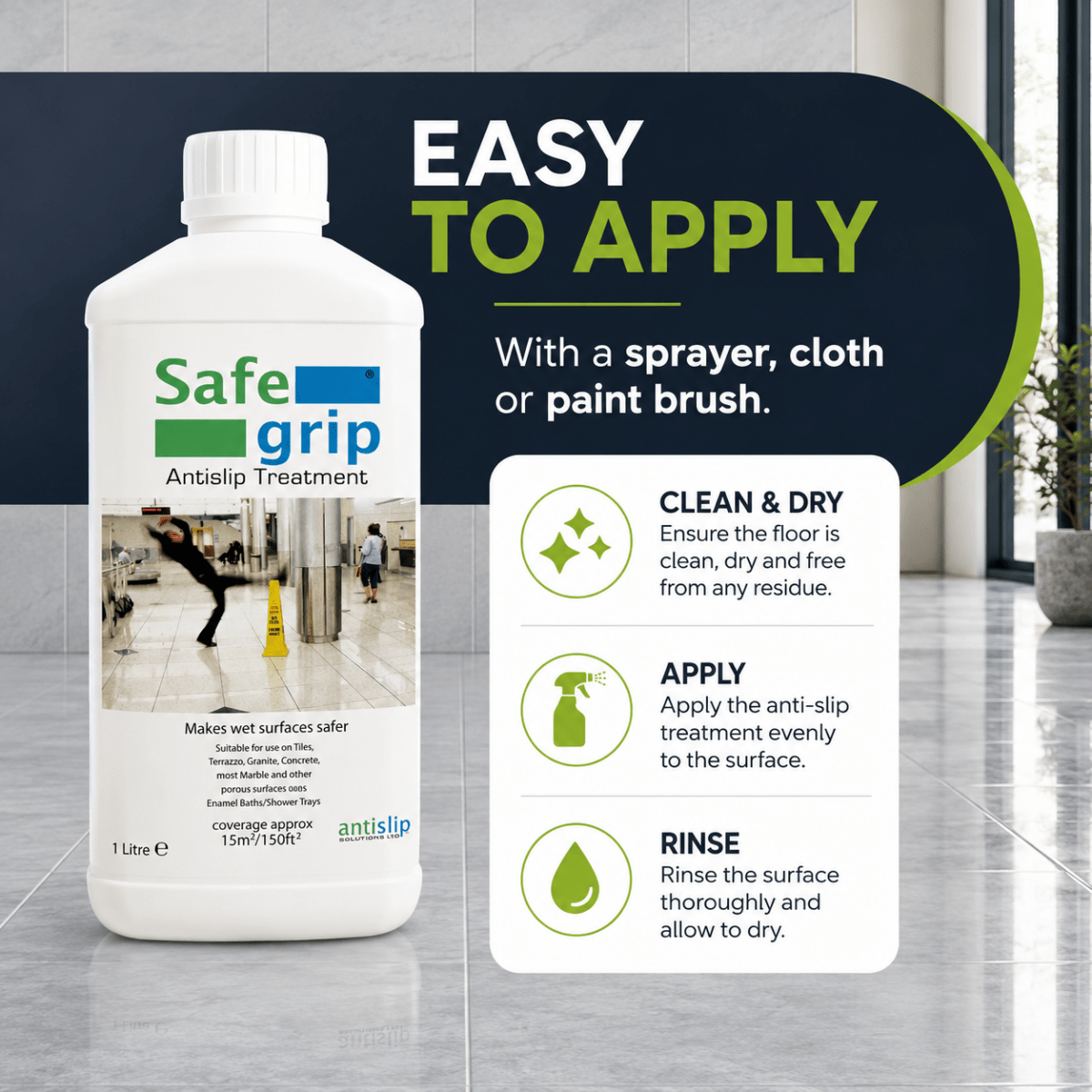 SafeGrip Anti-Slip Floor Treatment for Tiles, Stone, Concrete & Porcelain - Slips Away - Anti slip -  -