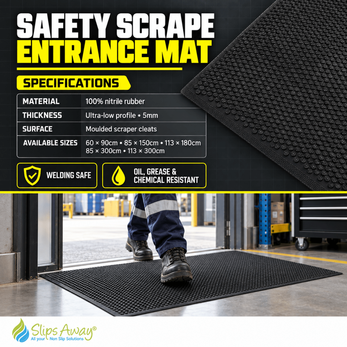 Safety Scrape Entrance Mat – Heavy-Duty, Anti-Slip Mat for Wet & High-Traffic Areas - Slips Away -  -