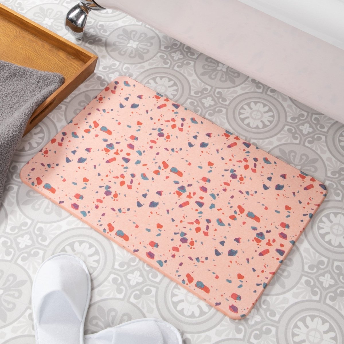 Terrazzo Bathmat - Geometric Bathmat - Neutral Color Bathroom Decor - Abstract Mat - Modern Bathroom Decor - Pink Stone Non Slip Bath Mat - Slips Away - 1344506585 -