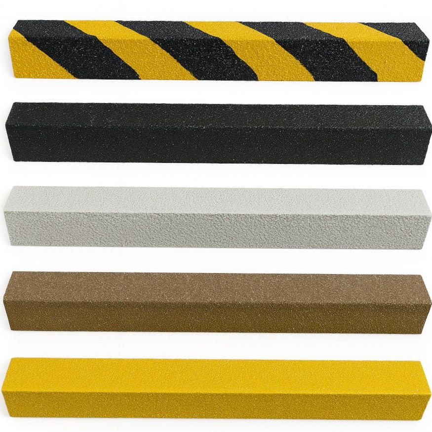 Five rectangular GRP stair Nosing with different color patterns on a white background