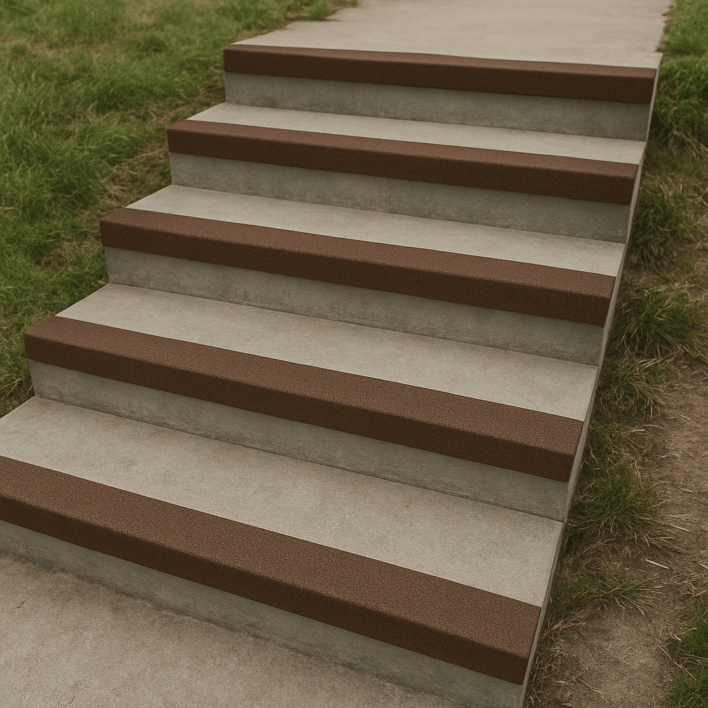 Outdoor concrete steps fitted with brown 55mm GRP anti-slip stair nosing strips, providing durable slip resistance for public walkways, parks, and outdoor spaces.