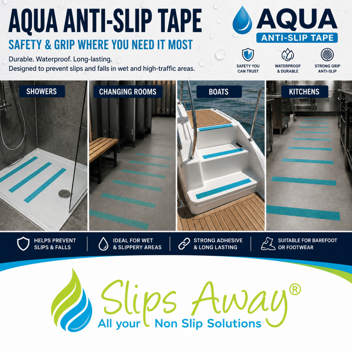 Advertisement for Aqua Anti-Slip Tape showing its use in various settings like showers, changing rooms, boats, and kitchens.