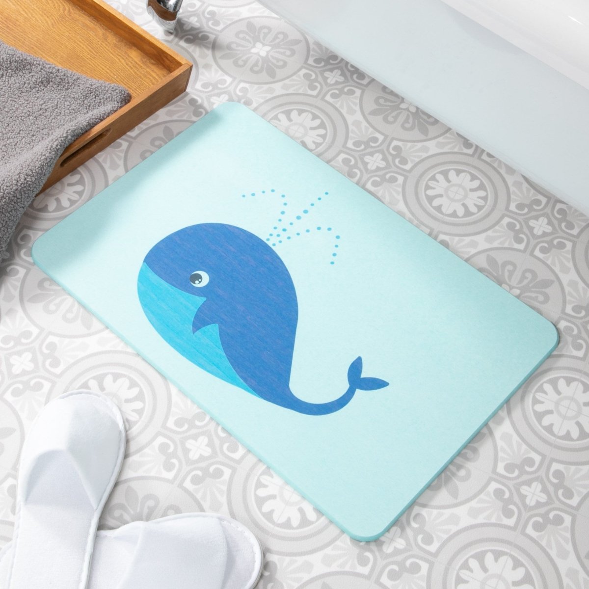 Whale Bathmat - Aqua Blue Mat - Stone Non Slip Bath Mat - Kids Bathroom Decor - Sea Animals Mat - Anti-Slipping Bathroom Whales Mat - Slips Away - 1344490327 -