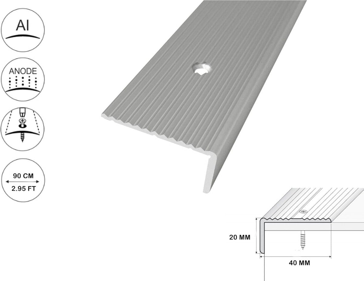 Anodised Aluminium Anti-Slip Stair Nosing - 40 x 20mm, 900mm (2.95ft) Length 