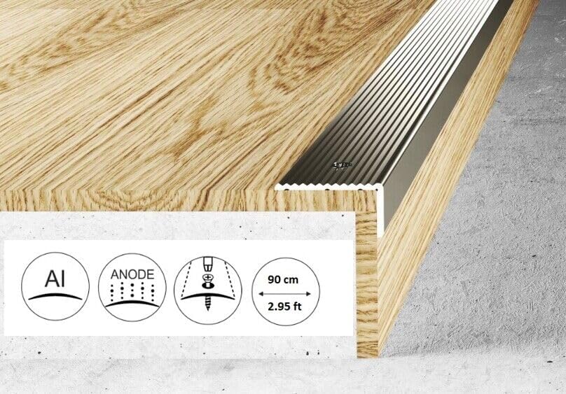 Anodised Aluminium Anti-Slip Stair Nosing - 40 x 20mm, 900mm (2.95ft) Length 